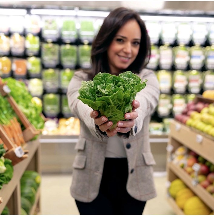 Nazila holding fresh greens in a produce aisle